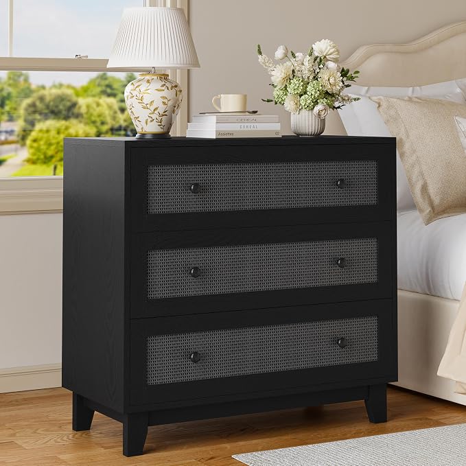 Rattan 3 Drawer Dresser for Bedroom, Small Boho Black Dresser with Wood Handles, Wood Nightstand, 29.52" Wide Modern Dresser, Chests of Drawers for Living Room, Entryway, Hallway