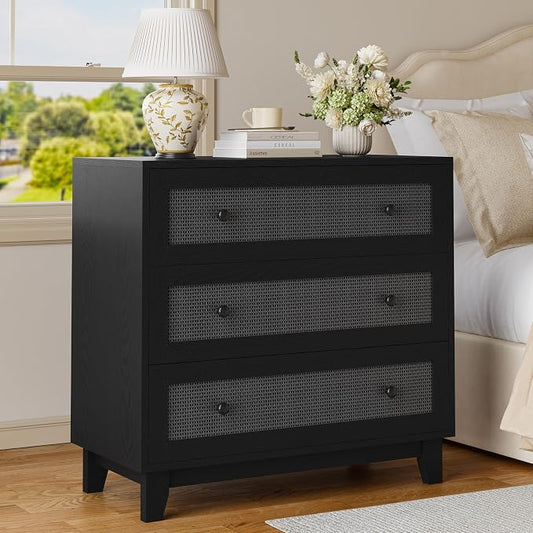Rattan 3 Drawer Dresser for Bedroom, Small Boho Black Dresser with Wood Handles, Wood Nightstand, 29.52" Wide Modern Dresser, Chests of Drawers for Living Room, Entryway, Hallway