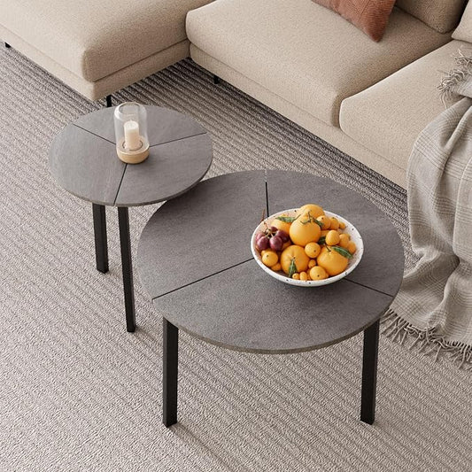 SUNBURY Coffee Table Nesting Grey Set of 2, Round Coffee Table 23.6", Side Tables for Living Room Bedroom Balcony Yard