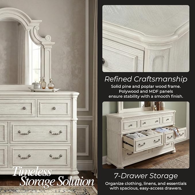 Roundhill Furniture Nelson French Traditional 5-Piece Bedroom Set, Antique White, Queen