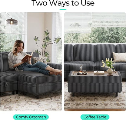 LINSY HOME Sectional Sleeper Sofa with Pull Out Couch Bed for Living Room (Grey) | Plush Corduroy