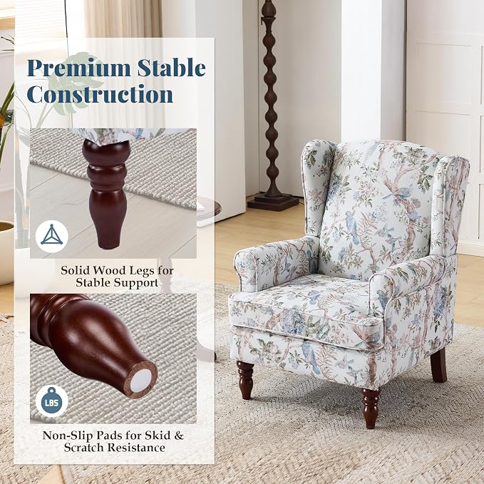 EROMMY Floral Accent Chair, Comfortable High Back Upholstered Armchair with Solid Wood Legs, Leisure Single Sofa Chair for Living Room, Bedroom, Home Office, Light Blue Floral&Bird