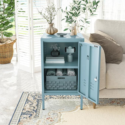 Single Door Lockable Metal End Table & Children's Bedside Table, 2-Tier Storage Cabinet with Adjustable Shelf, Easy Assembly Side Table for Living Room Bedroom Home Office Blue