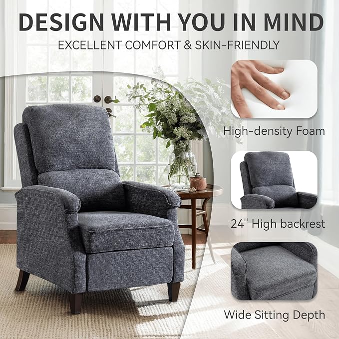 VKNOW Recliner Chair, Fabric Recliner with Soft Armrest, Home Theater Seating with Adjustable Push Back and Lumbar Support, Single Sofa for Adults, Lounge Chair for Living Room, Bedroom（Dark Grey）