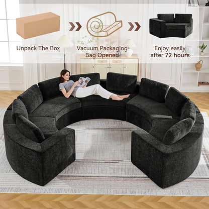 WUTUTUEE 145'' Curved Round Boneless Couch, Oversized U Shaped Sofa with Deep Seat & Arms, Chenille Modular Sectional Sofa with Pillows, Upholstered Comfy 10 Seat Couch for Living Room, Black
