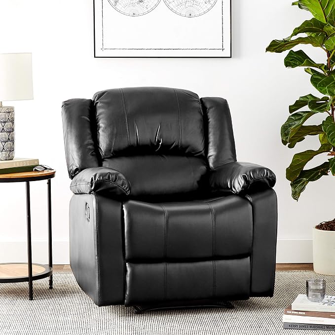 Warren 35.5" Manual Pull-Handle Recliner, Traditional Overstuffed, Pocket Coil Comfort, Black Metal Base Legs, Soft Vegan Leather Fabric, Black