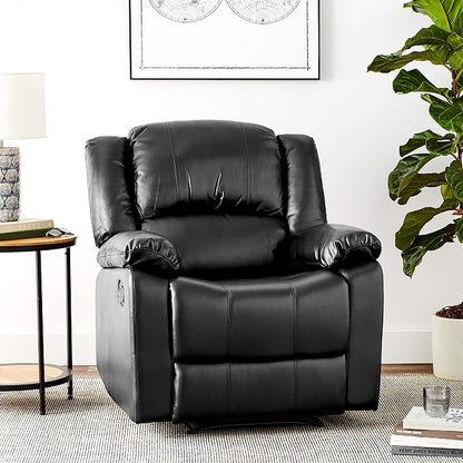 Warren 35.5" Manual Pull-Handle Recliner, Traditional Overstuffed, Pocket Coil Comfort, Black Metal Base Legs, Soft Vegan Leather Fabric, Black