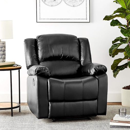 Warren 35.5" Manual Pull-Handle Recliner, Traditional Overstuffed, Pocket Coil Comfort, Black Metal Base Legs, Soft Vegan Leather Fabric, Black