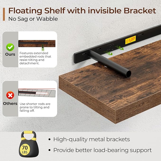 Fun Memories Floating Shelves for Wall 32 Inch Set of 3, Farmhouse Floating Shelves with Invisible Heavy Duty Bracket, 10 Inch Deep Bathroom Shelves for Storage, Living Room, Kitchen, Decor, Brown