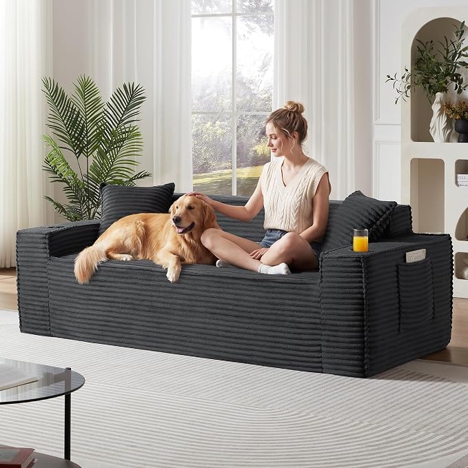 3 pcs Boneless Living Room Couch Set, Boneless Sofa Couches with Cup Holder for Compact Living Rooms, Apartments (Deep Gray, Single Chair + Loveseat+ 3 Seat Sofa)