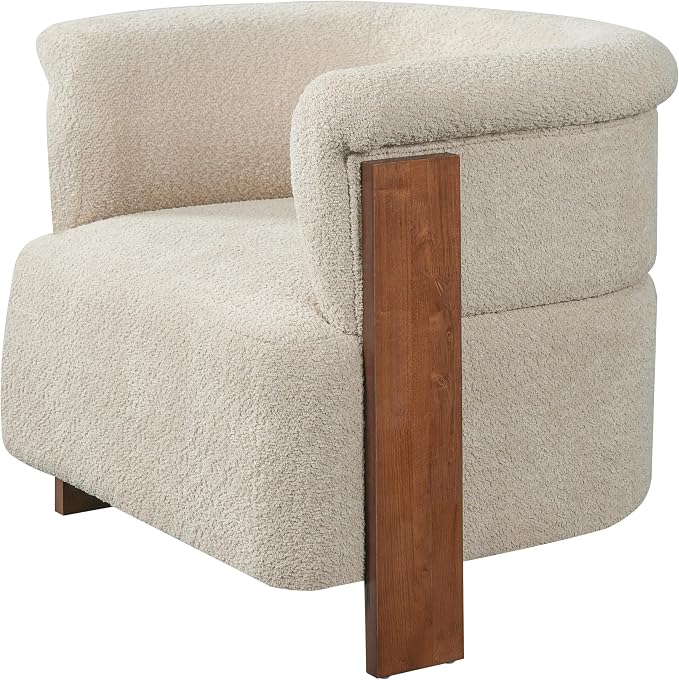 Merax 31.7" Mid-Century Teddy Fleece Barrel Accent Chair, Almond | Almond Teddy Fleece Upholstered Armchair, Modern Wraparound Lounge Chair for Living Room, Bedroom, Entryway