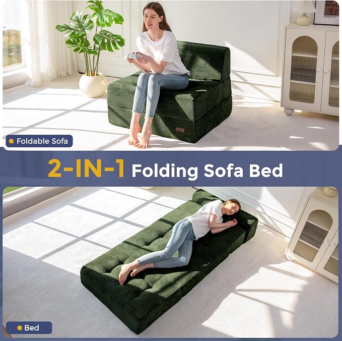 MAXYOYO 8" Folding Sofa Bed, Fold Out Chair Bed, Convertible Floor Sofa Couch, High-Density Foam Tufted Lounge Couch for Living Room Bedroom Dorm, Single, Dark Green