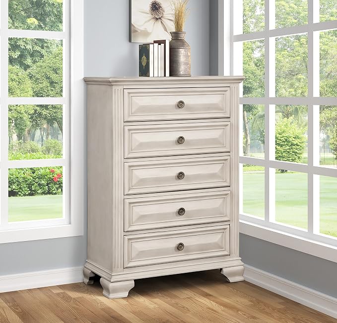 Renova Distressed Parchment Wood Bedroom Set, Panel Bed, Dresser, Mirror, Two Nightstands, Chest