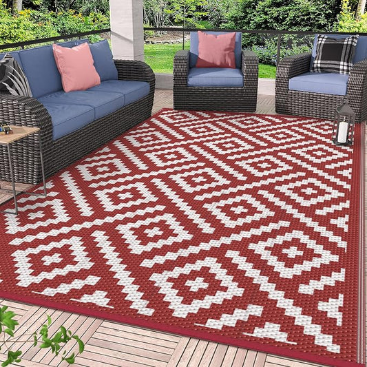 GENIMO Outdoor Rug for Patio Clearance, 6'x9' Reversible Plastic Straw Rugs, Lightweight Waterproof RV Camping Mat for Camper, Balcony, Deck, Backyard, Picnic, Red White