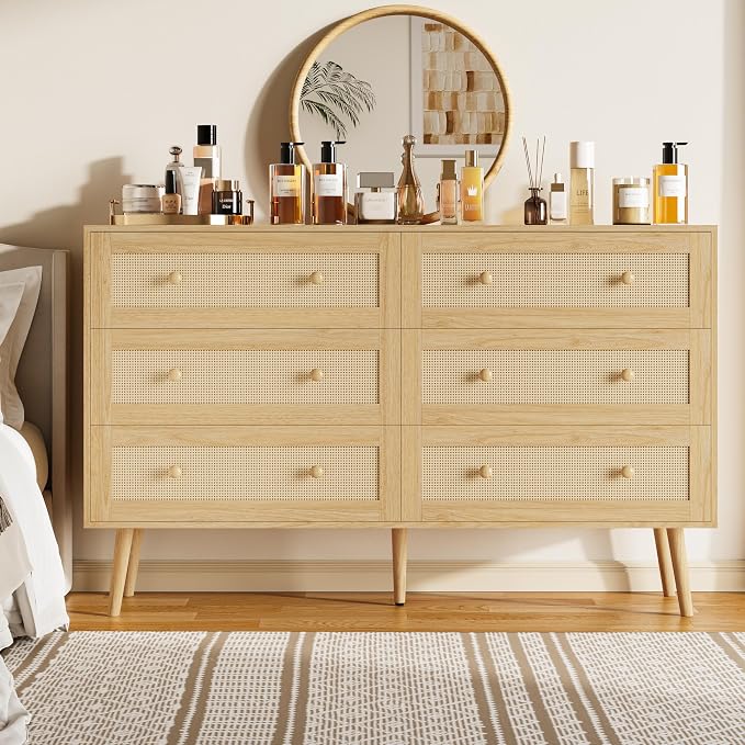 Rattan 6 Drawer Dresser for Bedroom, 47.3" Wide Dresser Chest of Drawers, Boho Wood Dresser TV Stand with Wood Handles, Storage Dressers Closet Organizer for Living Room Hallway, Natural Oak