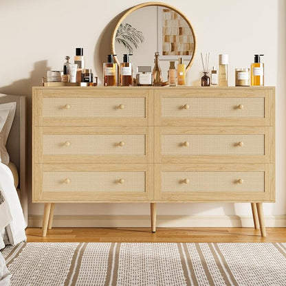 Rattan 6 Drawer Dresser for Bedroom, 47.3" Wide Dresser Chest of Drawers, Boho Wood Dresser TV Stand with Wood Handles, Storage Dressers Closet Organizer for Living Room Hallway, Natural Oak