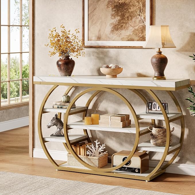 Tribesigns 47" Industrial Entryway Table with Staggered 5-Tier Shelf | Narrow Console Table with Metal Frame, Sofa Table for Living Room Entryway, Hallway, Foyer, White & Gold