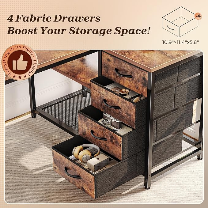 PRAISUN 43.3" Small Computer Desk with Power Outlets & USB-C Port, Reversible L Shaped Corner Office Desk with 4 Fabric Drawers and 2 Adjustable Storage Shelves, for Gaming Writing, Rustic Brown