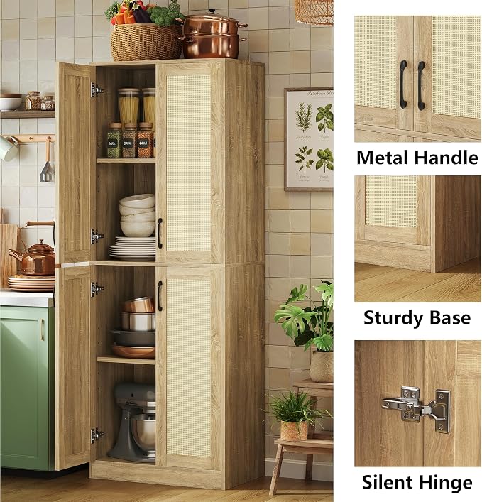 JASIWAY Rattan Pantry Cabinet, 67" Tall Kitchen Storage Cabinet with Doors | Adjustable Shelves, Wicker Linen Closet Cupboard for Laundry, Bathroom, Wood