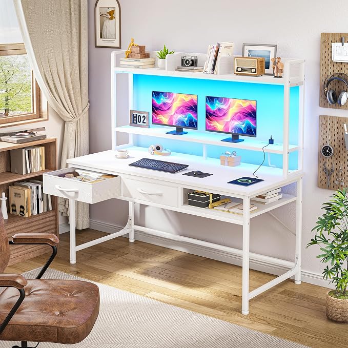 DurayLoly 39.4" Computer Desk with Monitor Stand, LED Lights & Power Outlet, Gaming Desk with Drawers, 4-Tier Storage Shelves for Home Office & Bedroom Small Space Office Desk, White