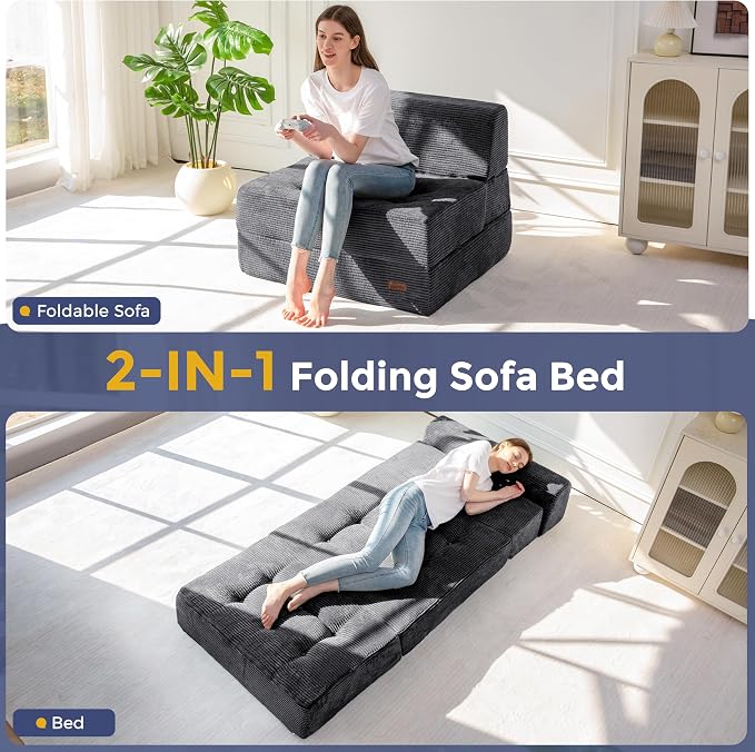 MAXYOYO 8" Folding Sofa Bed, Fold Out Chair Bed, Convertible Floor Sofa Couch, High-Density Foam Tufted Lounge Couch for Living Room Bedroom Dorm, Single, Dark Grey