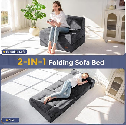 MAXYOYO 8" Folding Sofa Bed, Fold Out Chair Bed, Convertible Floor Sofa Couch, High-Density Foam Tufted Lounge Couch for Living Room Bedroom Dorm, Single, Dark Grey