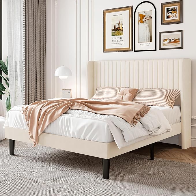 SHA CERLIN Queen Size Velvet Bed Frame with Vertical Channel Tufted Wingback Headboard, Upholstered Platform Bed with Wood Slats, No Box Spring Needed, Easy Assembly, Cream White