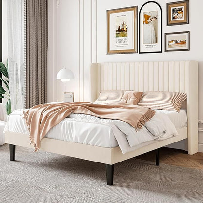 SHA CERLIN Full Size Velvet Bed Frame with Vertical Channel Tufted Wingback Headboard, Upholstered Platform Bed with Wood Slats, No Box Spring Needed, Easy Assembly, Cream White