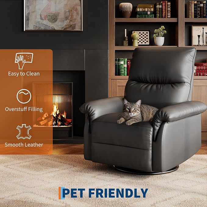 IDEALHOUSE Manual Recliner Chair, 360° Swivel Rocker Glider Recliner with Padded Armrests, Modern PU Leather Upholstered Reclining Chair for Living Room Bedroom and Nursery (Dark Black)