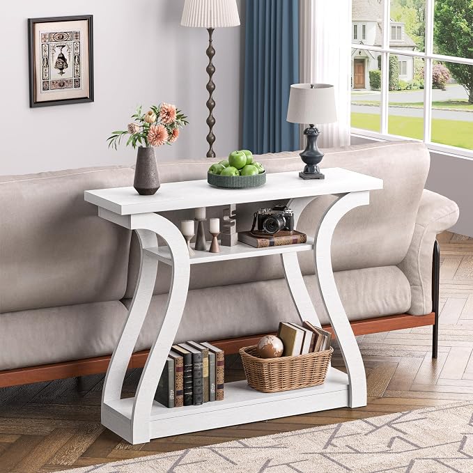 Wooden Console Table with Curved Legs and Shelf, 3-Tier Modern Accent Narrow Sofa Table for Entrance Area, Living Room, Hallway, 47 in Wide Wood Console Table for Entryway (White)