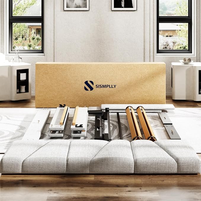 Sismplly Full Size Platform Bed Frame with Upholstered Headboard, Wooden Slats Support, Noise Free, No Box Spring Needed, Easy Assembly, Light Grey, Linen