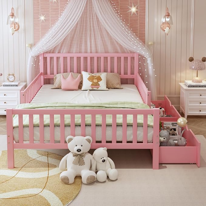 Bellemave Girls Full Bed Frame with Fences and 2 Drawers, Kids Full Platform Bed with Guardrails on Both Sides, Pink