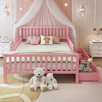 Bellemave Girls Full Bed Frame with Fences and 2 Drawers, Kids Full Platform Bed with Guardrails on Both Sides, Pink