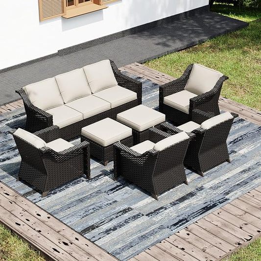 Joyside Wicker Patio Furniture Sets, 7 Pieces Upgraded Large Size Outdoor Furniture with 4 Swivel Rocking Patio Chairs, 3-Seat Sofa, Outdoor Ottoman, Thick Cushions, Wide Armrest, Beige
