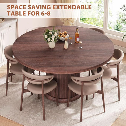 Jocoevol 47″–63″ Extendable Round Dining Table for 4–8 with Dust-Proof 2-Tier Storage Shelf Space Saving Expandable Wood Oval Circle Dinner Furniture with Pedestal Base (Brown)