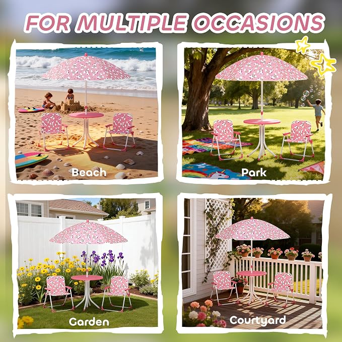 Qaba Kids Picnic Table and Chair Set, Outdoor Activity Table with Foldable Chairs, Removable Umbrella, Unicorn and Rainbow Pattern Toddler Patio Furniture for Backyard, Garden, Pink