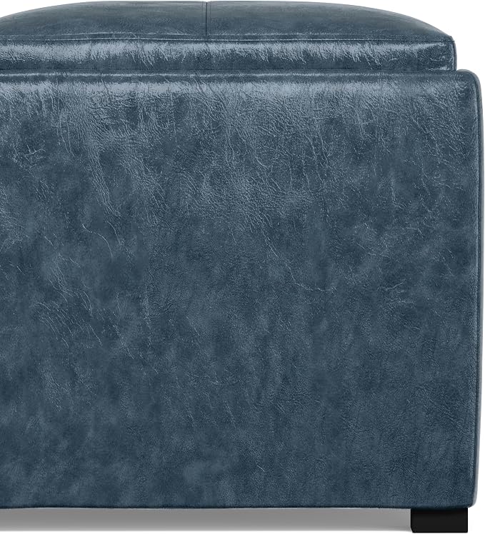 SIMPLIHOME Avalon 35 inch Wide Contemporary Square Coffee Table Storage Ottoman in Denim Blue Vegan Faux Leather, Assembled, For the Living Room and Bedroom