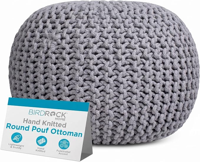 BIRDROCK HOME Round Pouf Ottoman Foot Rest - 18.5”x18.5”x15” Boho Compact Comfortable Soft Cotton Braided Foot Stool with Bean Bag Filling for Living Room, Bedroom, or Nursery (Light Gray)