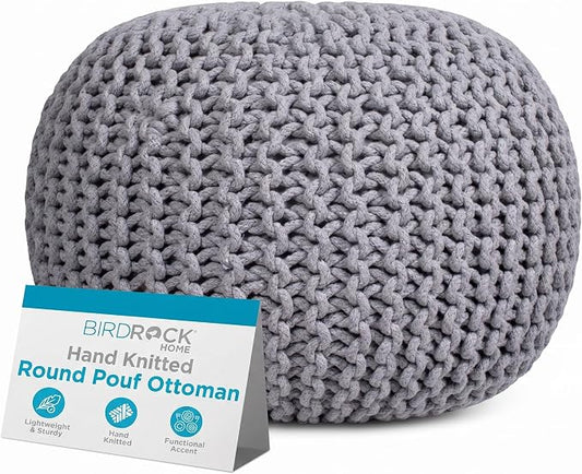 BIRDROCK HOME Round Pouf Ottoman Foot Rest - 18.5”x18.5”x15” Boho Compact Comfortable Soft Cotton Braided Foot Stool with Bean Bag Filling for Living Room, Bedroom, or Nursery (Light Gray)