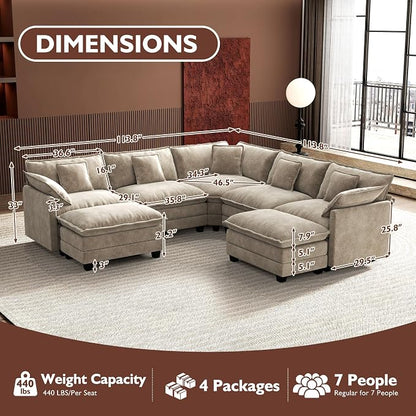Ihanherry 114" V-Shaped Modern Sofa Modular Sectional Luxurious and Comfortable with 2 Ottoman, 7-Seat Chenille Deep Seat Sofa with Corner Section for Living Room, Bedroom and Apartment, Sand