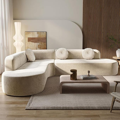 122'' Sectional Sofa,Extra Large Sofa with Soft Fabric Upholstery, Elegant Curved Design with Three Round Cushions, High-Resilience Foam for Ultimate Comfort,Sand