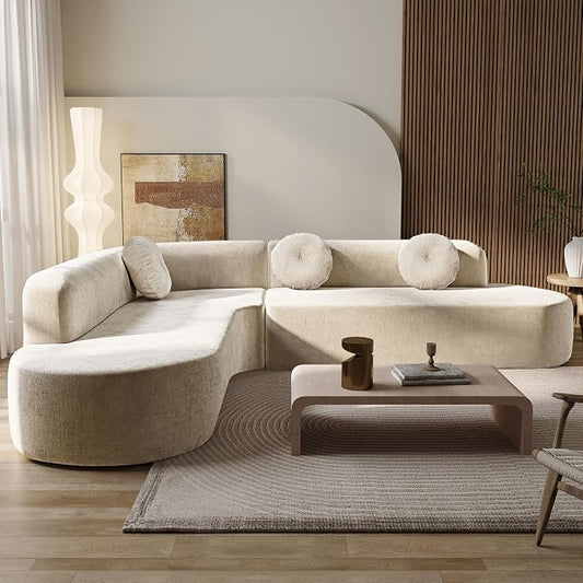 122'' Sectional Sofa,Extra Large Sofa with Soft Fabric Upholstery, Elegant Curved Design with Three Round Cushions, High-Resilience Foam for Ultimate Comfort,Sand