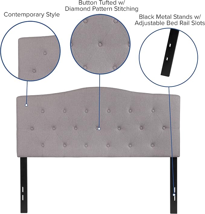 EMMA + OLIVER Arched Button Tufted Full Size Headboard in Light Gray Fabric
