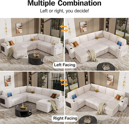 Vipbear 111" Modular Sectional Sleeper Sofa with Pull Out Bed, 7 Seat Corduroy L Shaped Couch with Ottoman|USB Ports|Cup Holders|Side Table|Storage Armrest, Tool Free Assembly, Beige