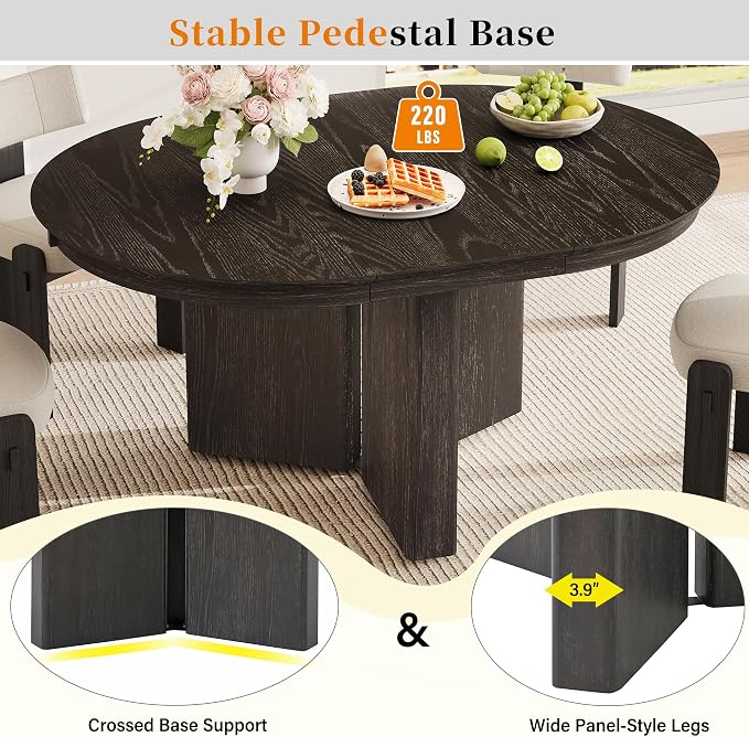 LUMISOL Round Dining Table for 4-6 People, Farmhouse Kitchen Table with Pedestal Base and Adjustable Foot Pads, Oval Extendable Dining Table for Dining Room, Kitchen, Small Space, Espresso