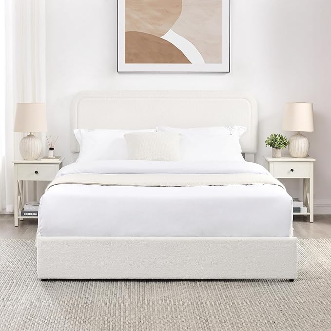 Ball & Cast Queen Size Bed Frame,Boucle Upholstered Platform Bed with Patented 4 Drawers Storage & Curved Stitched Headboard,Wooden Slats Support,No Box Spring Needed,Easy Assembly,Ivory