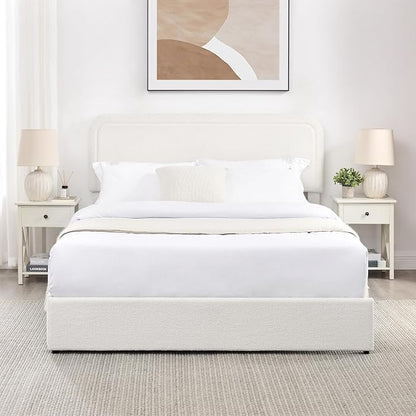Ball & Cast Queen Size Bed Frame,Boucle Upholstered Platform Bed with Patented 4 Drawers Storage & Curved Stitched Headboard,Wooden Slats Support,No Box Spring Needed,Easy Assembly,Ivory