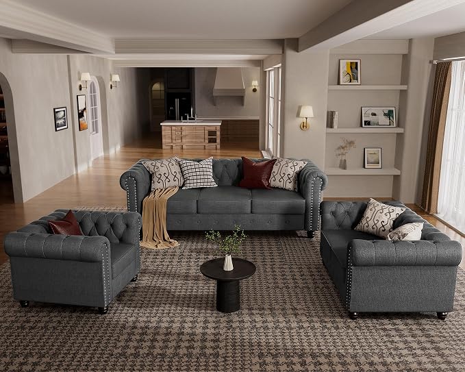Morden Fort Classic Chesterfield Loveseat Set 60'', Tufted Loveseat Sofa Set with Solid Wood Legs Thick Cushion, Pet-Friendly Deep Seat Sofa Couch for Living Room Bedroom Apartment - Linen Grey