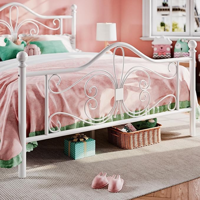 SHA CERLIN Full Size Bed Frame with Headboard,Metal Bed Frame with Butterfly Pattern Design Headboard & Footboard,No Box Spring Needed,Easy Assembly,White