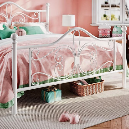 SHA CERLIN Full Size Bed Frame with Headboard,Metal Bed Frame with Butterfly Pattern Design Headboard & Footboard,No Box Spring Needed,Easy Assembly,White